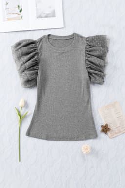 image-Black Dotty Mesh Ruffle Sleeve Ribbed Knit Top