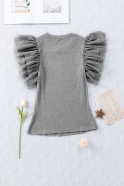 image-Black Dotty Mesh Ruffle Sleeve Ribbed Knit Top