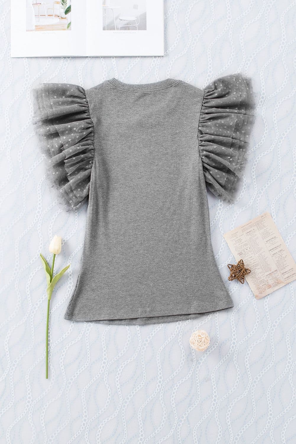 image-Black Dotty Mesh Ruffle Sleeve Ribbed Knit Top