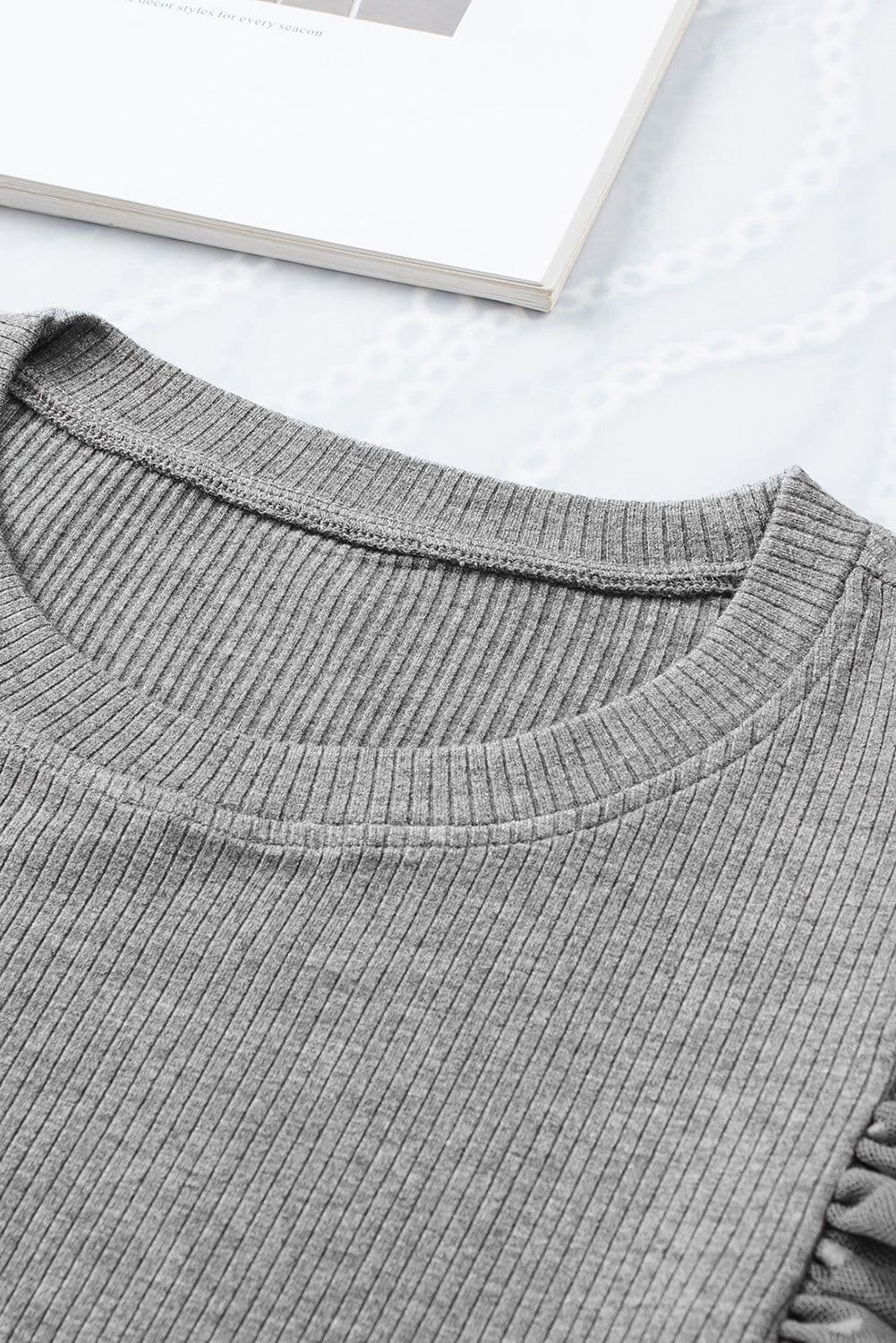 image-Black Dotty Mesh Ruffle Sleeve Ribbed Knit Top