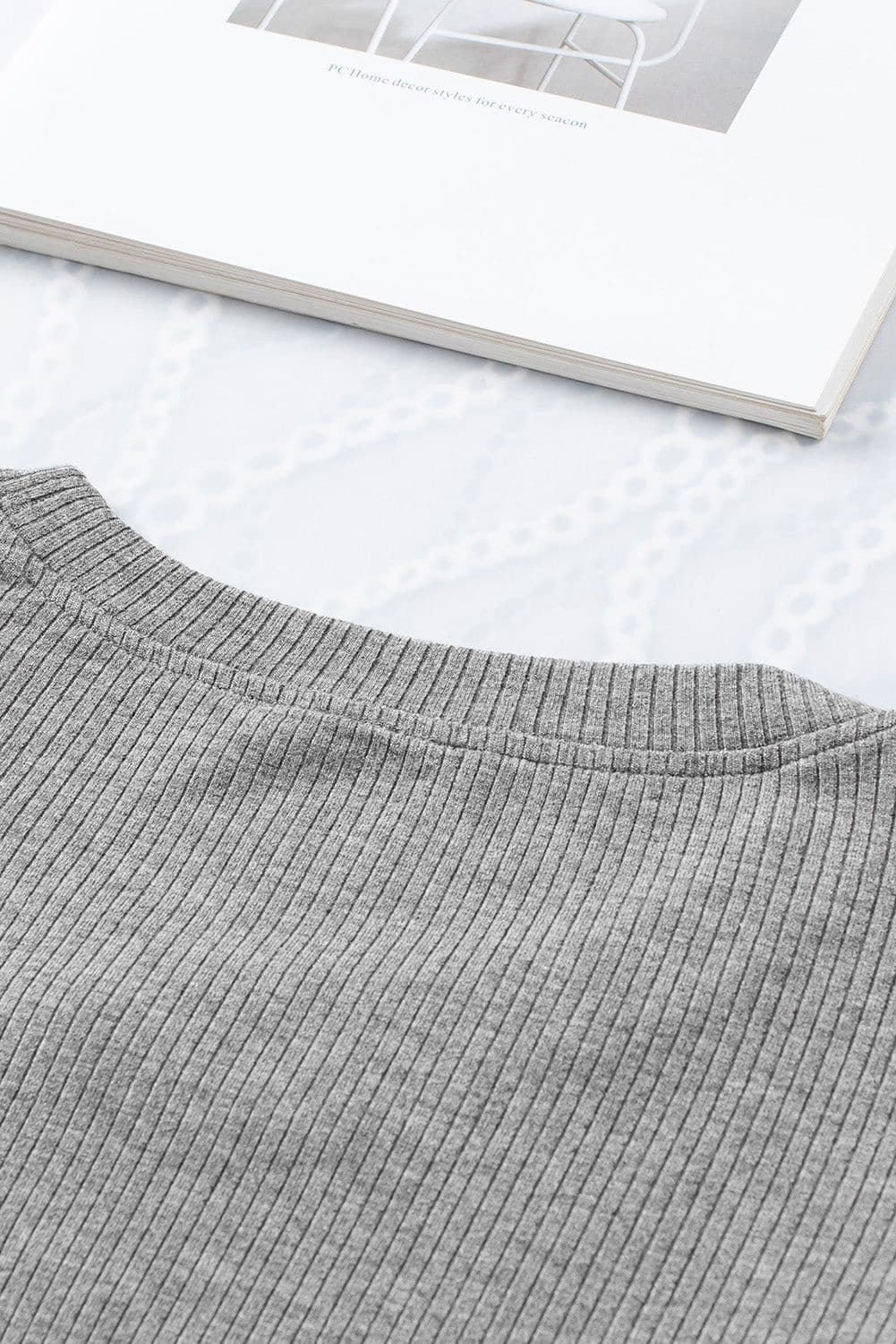 image-Black Dotty Mesh Ruffle Sleeve Ribbed Knit Top