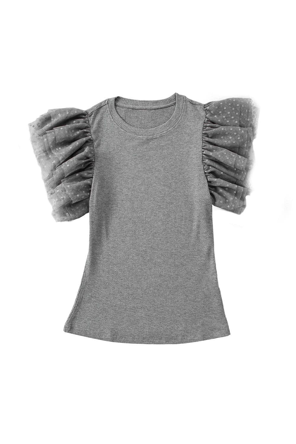 image-Black Dotty Mesh Ruffle Sleeve Ribbed Knit Top