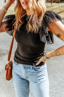 image-Black Dotty Mesh Ruffle Sleeve Ribbed Knit Top