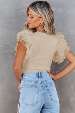 image-Black Dotty Mesh Ruffle Sleeve Ribbed Knit Top