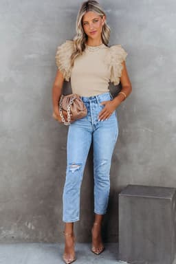 image-Black Dotty Mesh Ruffle Sleeve Ribbed Knit Top
