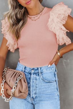 image-Black Dotty Mesh Ruffle Sleeve Ribbed Knit Top