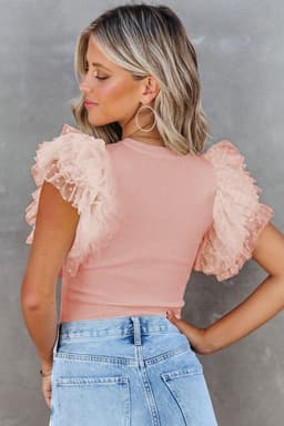 image-Black Dotty Mesh Ruffle Sleeve Ribbed Knit Top