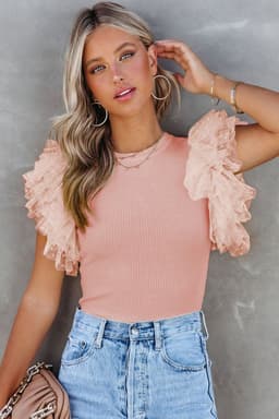 image-Black Dotty Mesh Ruffle Sleeve Ribbed Knit Top