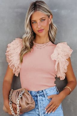 image-Black Dotty Mesh Ruffle Sleeve Ribbed Knit Top