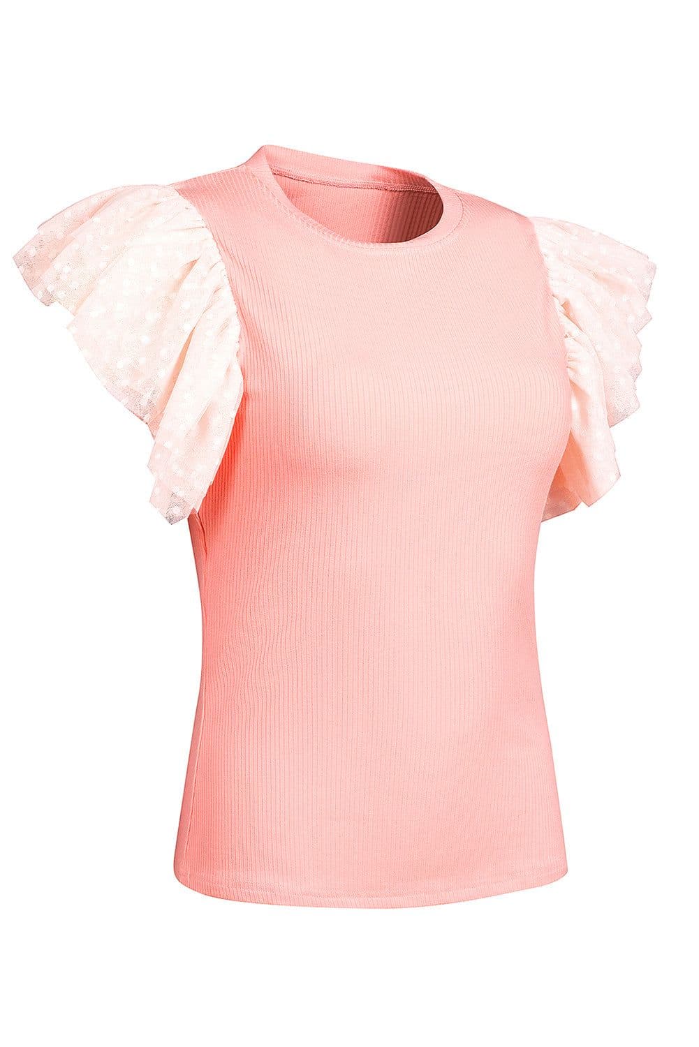 image-Black Dotty Mesh Ruffle Sleeve Ribbed Knit Top