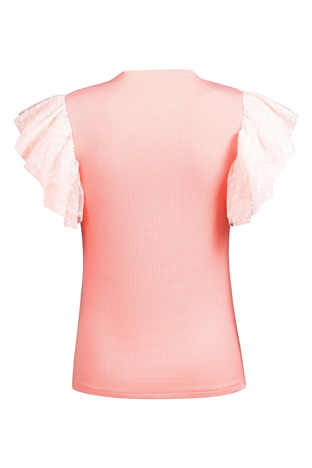 image-Black Dotty Mesh Ruffle Sleeve Ribbed Knit Top