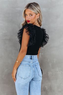 image-Black Dotty Mesh Ruffle Sleeve Ribbed Knit Top