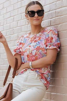 image-Multicolor Mix Floral Pattern Bubble Sleeve Blouse