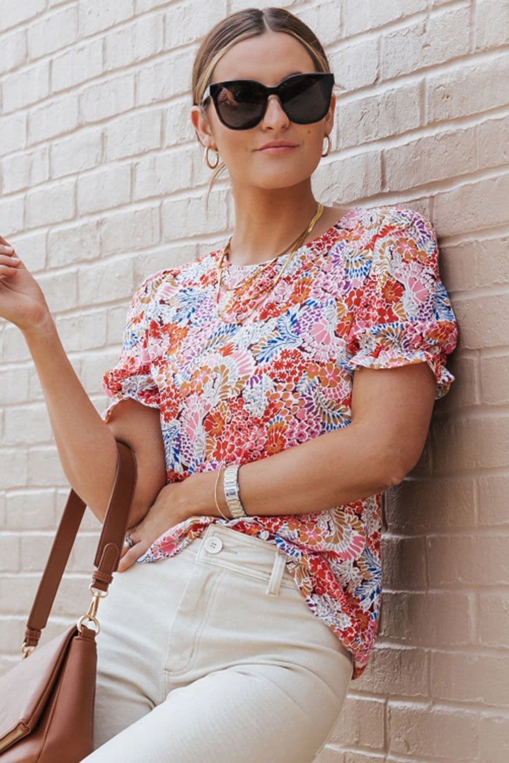image-Multicolor Mix Floral Pattern Bubble Sleeve Blouse