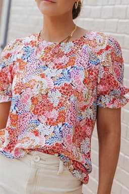 image-Multicolor Mix Floral Pattern Bubble Sleeve Blouse