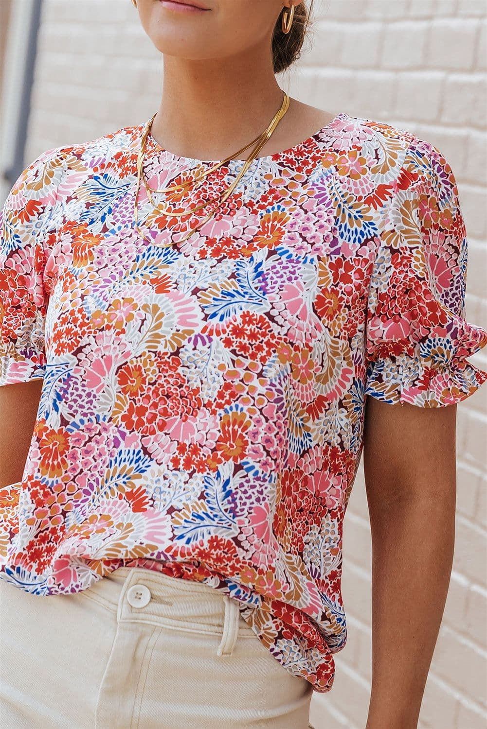 image-Multicolor Mix Floral Pattern Bubble Sleeve Blouse