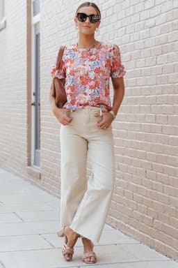 image-Multicolor Mix Floral Pattern Bubble Sleeve Blouse