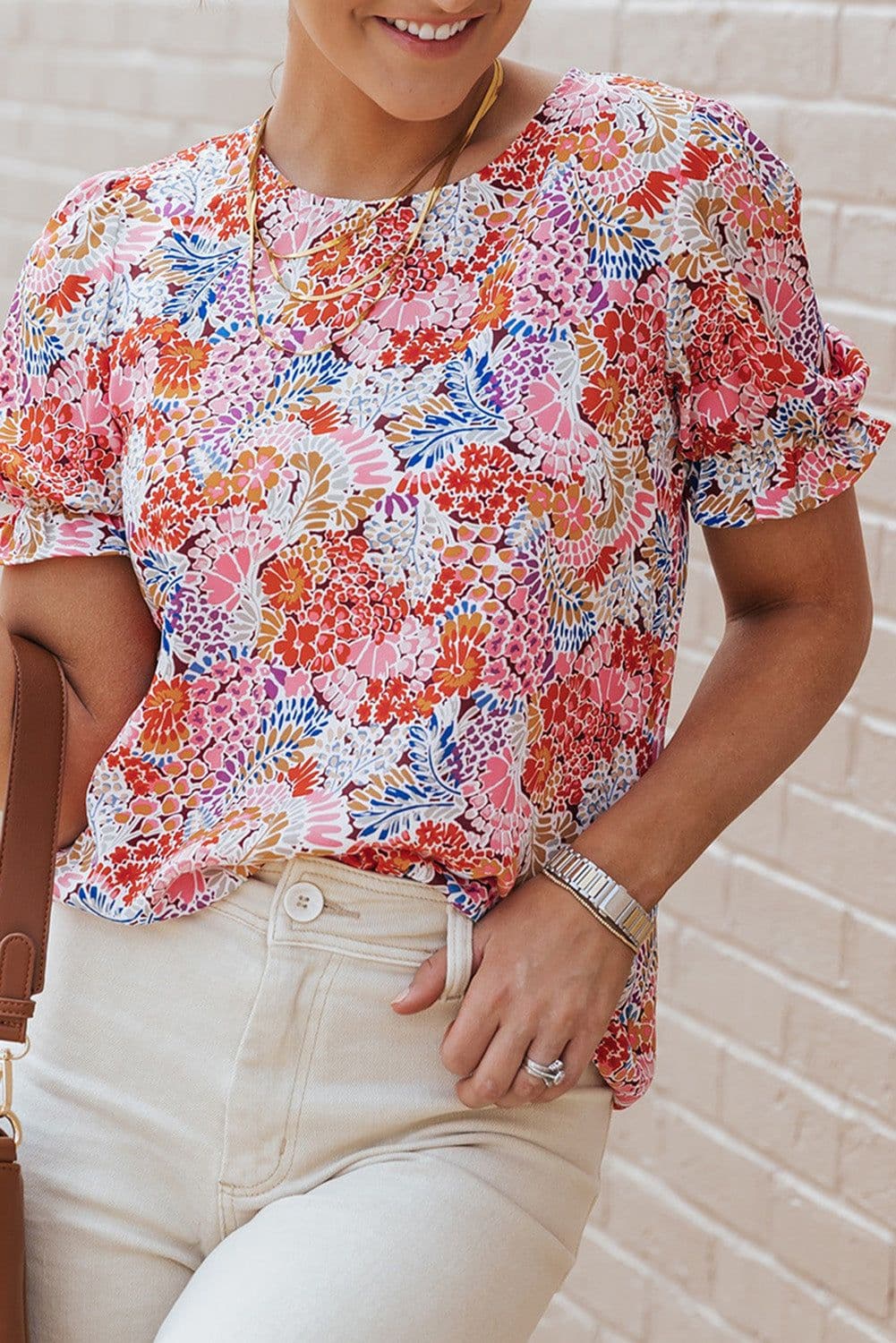 image-Multicolor Mix Floral Pattern Bubble Sleeve Blouse