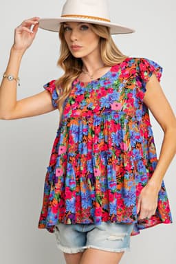 image-Multicolor Floral Print Ruffle Tiered Short Sleeve Babydoll Top