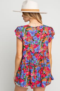 image-Multicolor Floral Print Ruffle Tiered Short Sleeve Babydoll Top