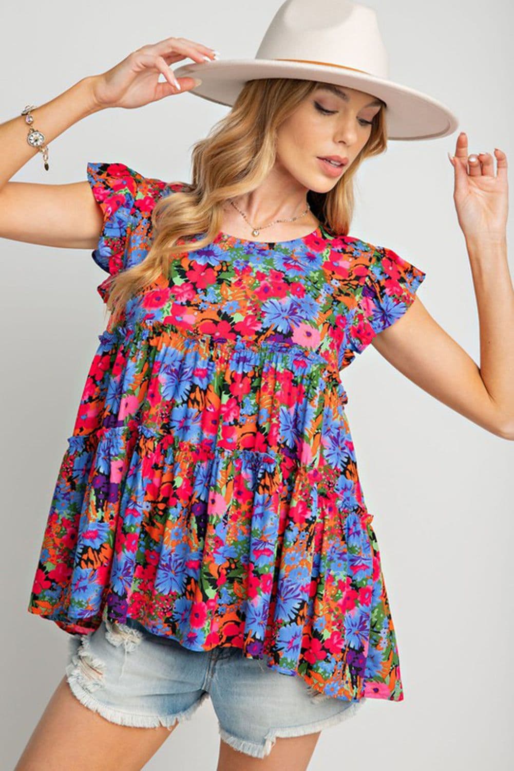 image-Multicolor Floral Print Ruffle Tiered Short Sleeve Babydoll Top