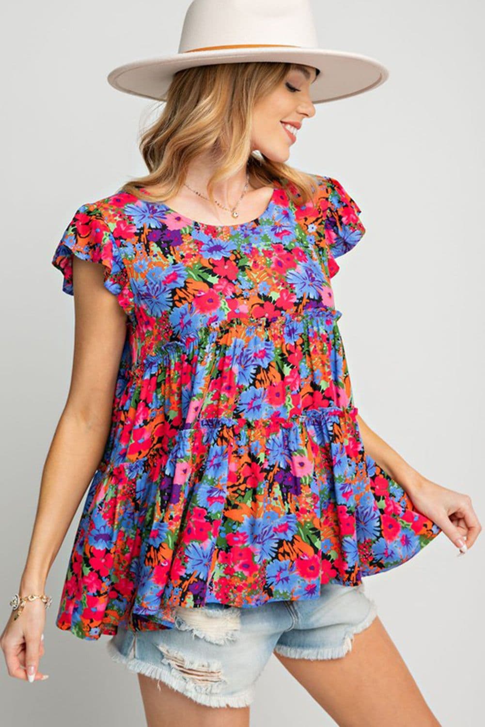 image-Multicolor Floral Print Ruffle Tiered Short Sleeve Babydoll Top