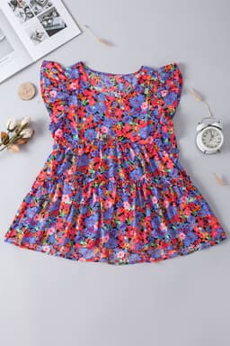 image-Multicolor Floral Print Ruffle Tiered Short Sleeve Babydoll Top