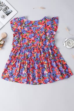 image-Multicolor Floral Print Ruffle Tiered Short Sleeve Babydoll Top