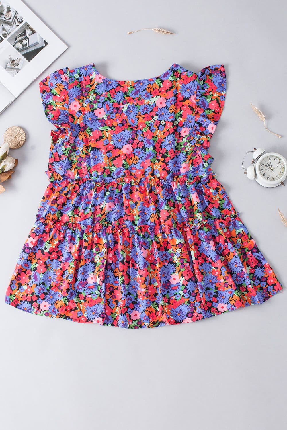 image-Multicolor Floral Print Ruffle Tiered Short Sleeve Babydoll Top