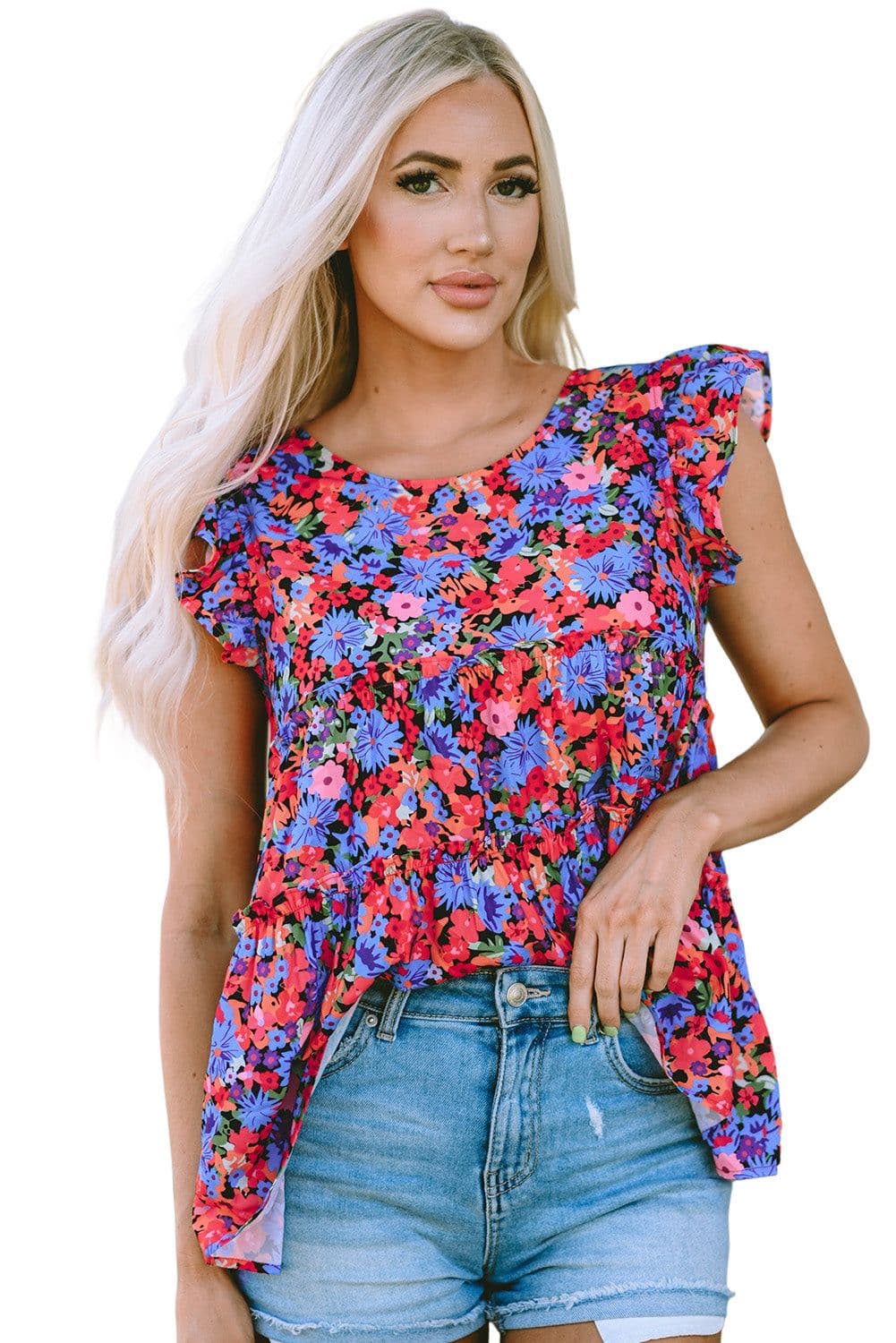 image-Multicolor Floral Print Ruffle Tiered Short Sleeve Babydoll Top