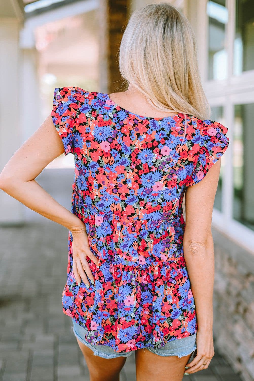 image-Multicolor Floral Print Ruffle Tiered Short Sleeve Babydoll Top