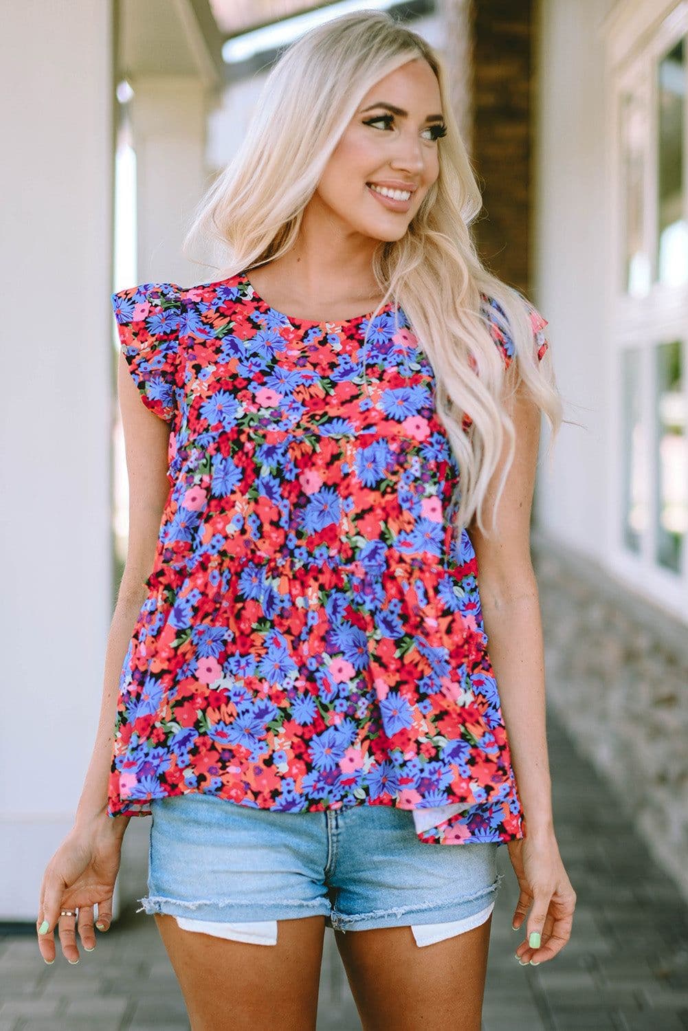 image-Multicolor Floral Print Ruffle Tiered Short Sleeve Babydoll Top