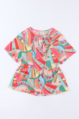 image-Multicolor Boho Abstract Pattern Split V Neck Flowy Blouse