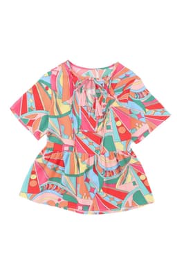 image-Multicolor Boho Abstract Pattern Split V Neck Flowy Blouse