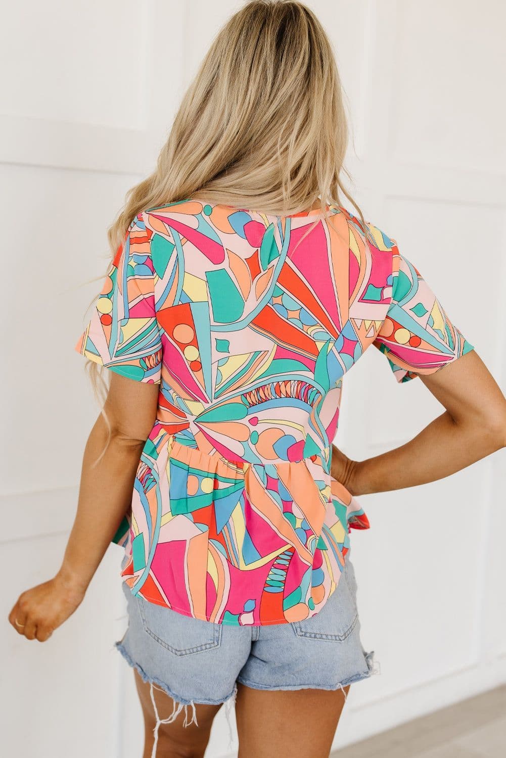 image-Multicolor Boho Abstract Pattern Split V Neck Flowy Blouse