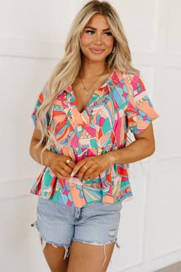 image-Multicolor Boho Abstract Pattern Split V Neck Flowy Blouse