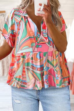 image-Multicolor Boho Abstract Pattern Split V Neck Flowy Blouse
