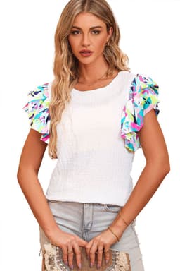 image-White Voluminous Printed Puff Sleeve Textured Top