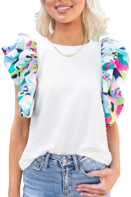 image-White Voluminous Printed Puff Sleeve Textured Top