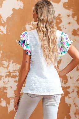 image-White Voluminous Printed Puff Sleeve Textured Top