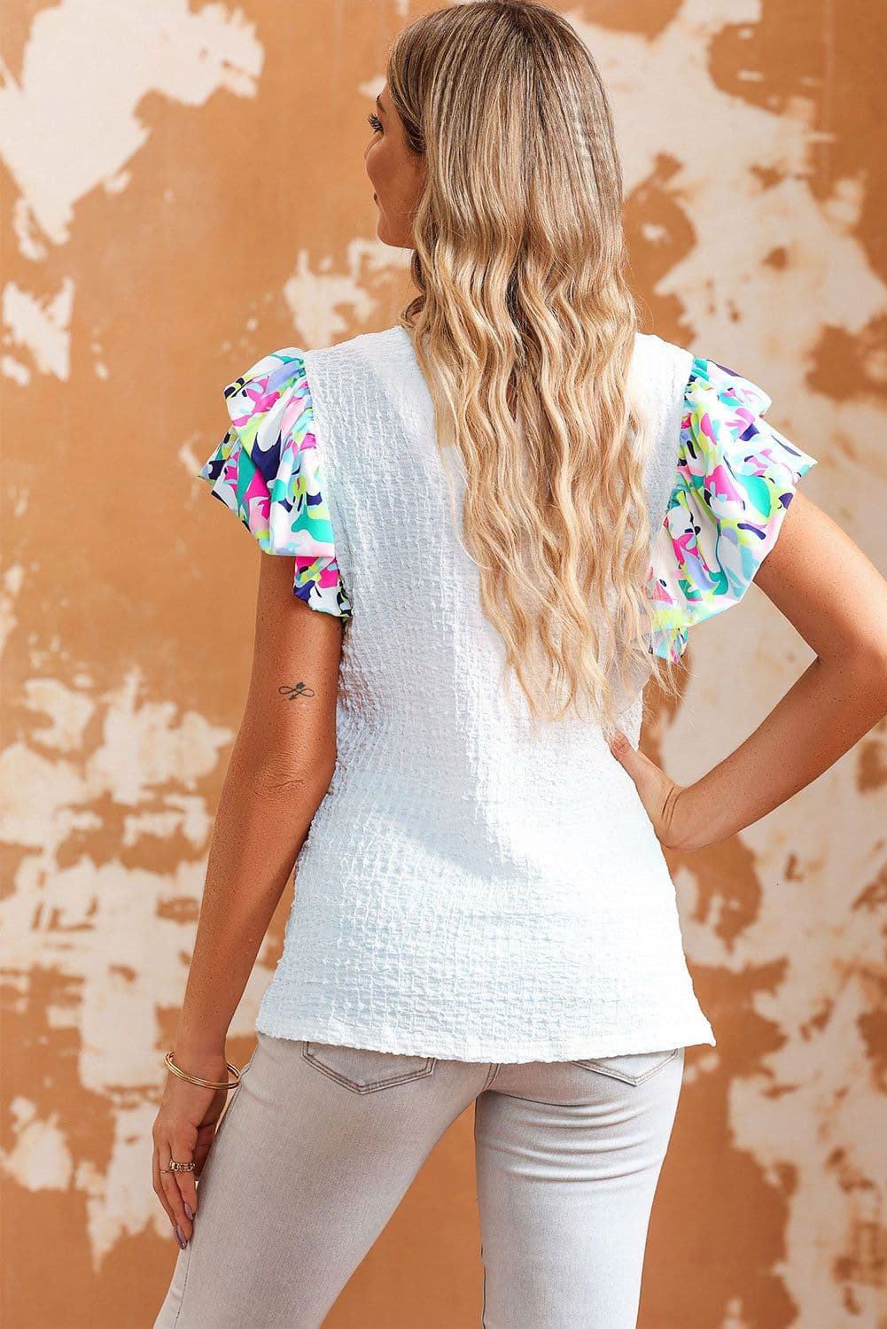 image-White Voluminous Printed Puff Sleeve Textured Top
