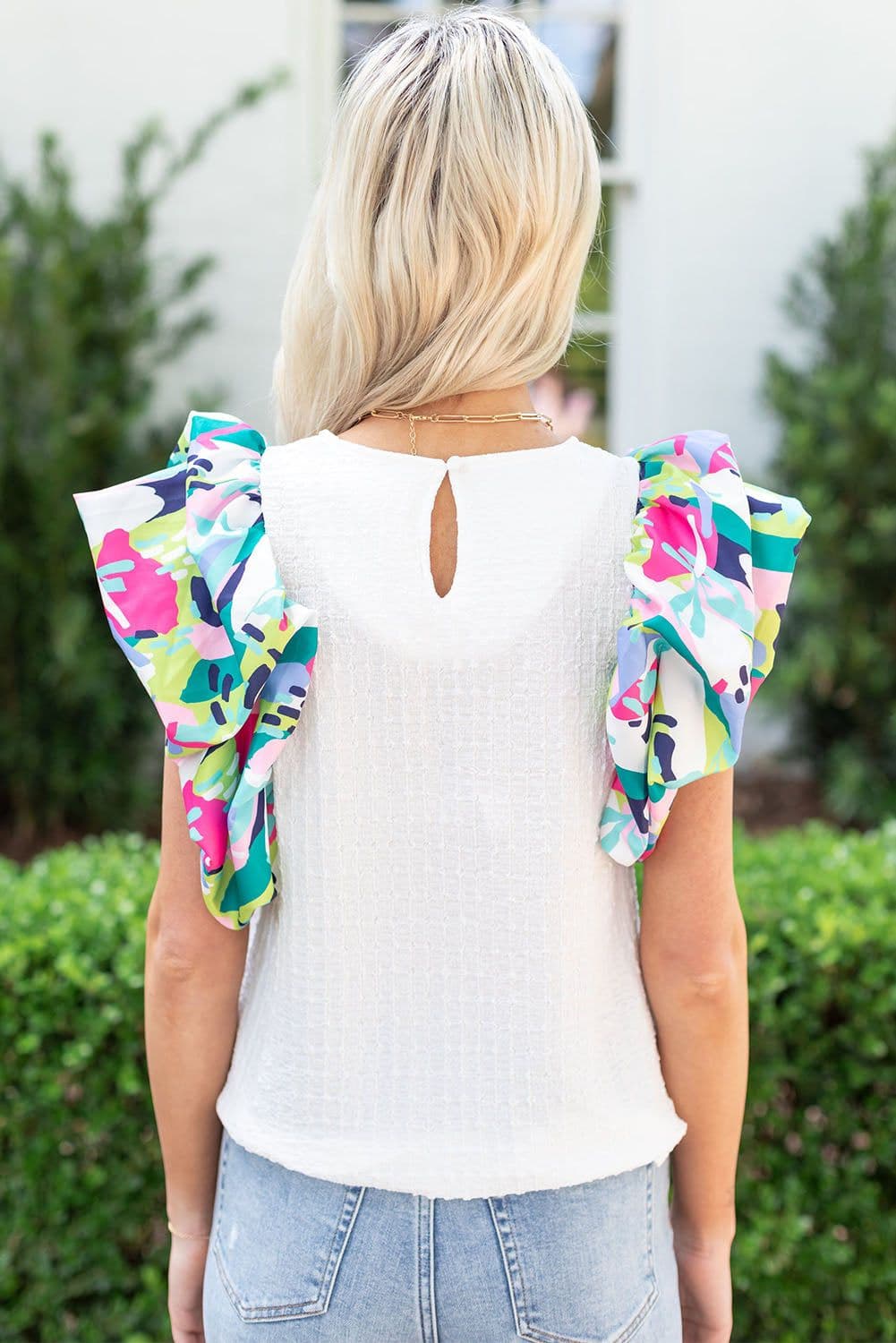 image-White Voluminous Printed Puff Sleeve Textured Top
