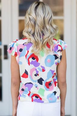 image-Multicolor Abstract Print Ruffle Sleeve Smocked Blouse