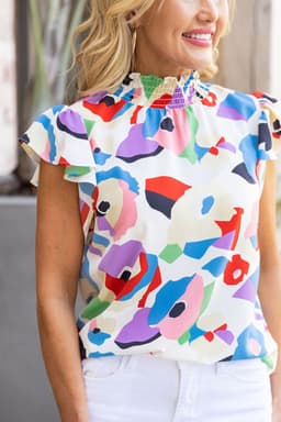 image-Multicolor Abstract Print Ruffle Sleeve Smocked Blouse