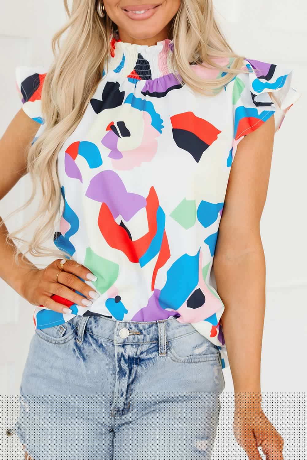 image-Multicolor Abstract Print Ruffle Sleeve Smocked Blouse