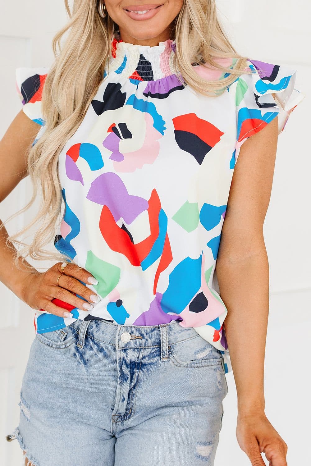 image-Multicolor Abstract Print Ruffle Sleeve Smocked Blouse