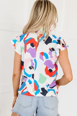 image-Multicolor Abstract Print Ruffle Sleeve Smocked Blouse