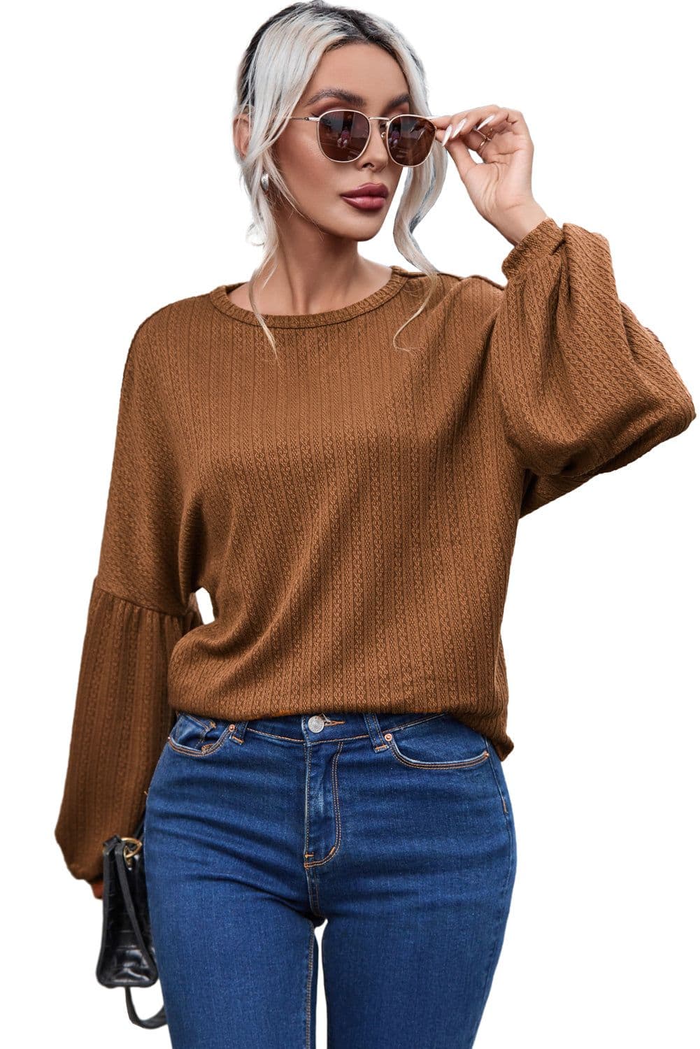 image-Black Faux Knit Jacquard Puffy Long Sleeve Top