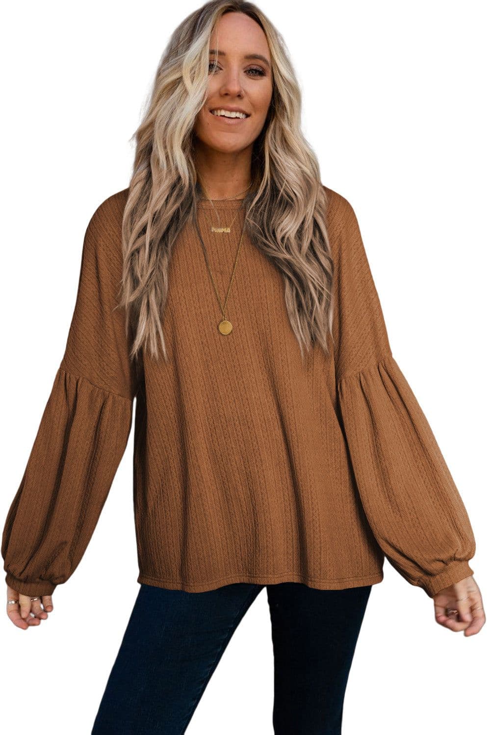 image-Black Faux Knit Jacquard Puffy Long Sleeve Top