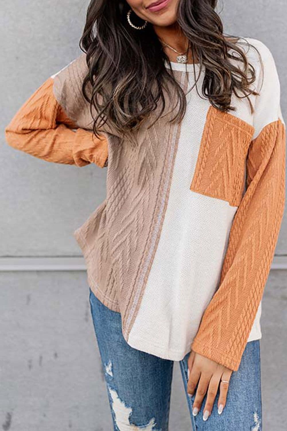 image-Black Long Sleeve Colorblock Chest Pocket Textured Knit Top